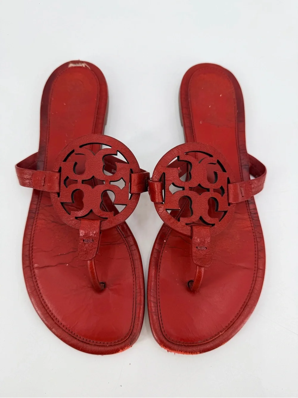 Tory Burch Red Leather Miller Logo Thong Sandals 9 FLAWS